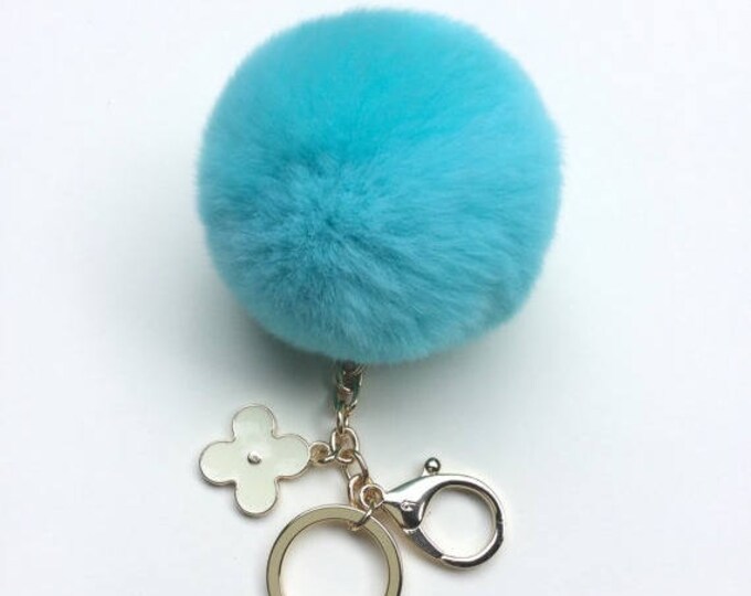 Aqua fur pom pom keychain REX Rabbit fur pom pom ball with flower bag charm