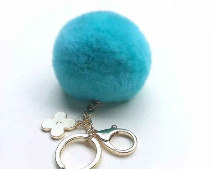 Aqua Blue fur pom pom keychain REX Rabbit real fur puff ball with flower bag charm keyring