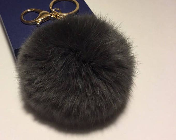 Cute Fur pompon keychain for car key ring Bag Pendant lucky trinket Very Dark Grey