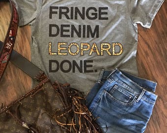 Fringe Denim Leopard Done shirt, Leopard shirt, Fringe denim shirt, texas shirt, TX shirt, leopard Texas, leopard and texas, leopard fringe
