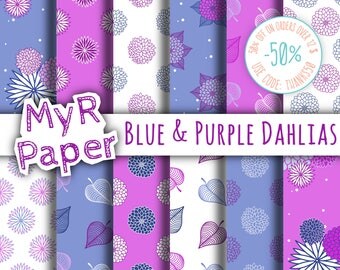 Floral digital paper: "Blue & Purple Dahlias" Scrapbook Paper - Printable Backgrounds – perfect for cards, invitations