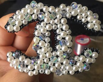 Inspired by Chanel pearl embroidered coco pin handmade jewerly cc logo brooch