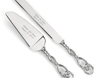 Love Knot Wedding Cake Server and Knife, Engraved Celtic Love Knot Silver Cake Server Set