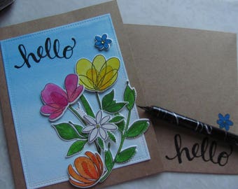 Hello Card, Watercolour Card, Handmade Card, Greeting Card, Flowers, Sparkle,Pink, Orange, Kraft Paper, Die Cut, Yellow, Stamped, Bright