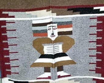 Vintage Mayan Blanket,Mayan Wall Tapestry,LARGE,Serape,BOHO,Mexican Blanket,Fringe,Wool Throw,Mayan Idol,Woven Textile,Aztec Wall Hanging