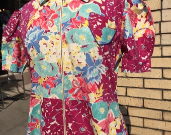 40's full length dress~ cotton floral print~ plus size vintage 34"waist