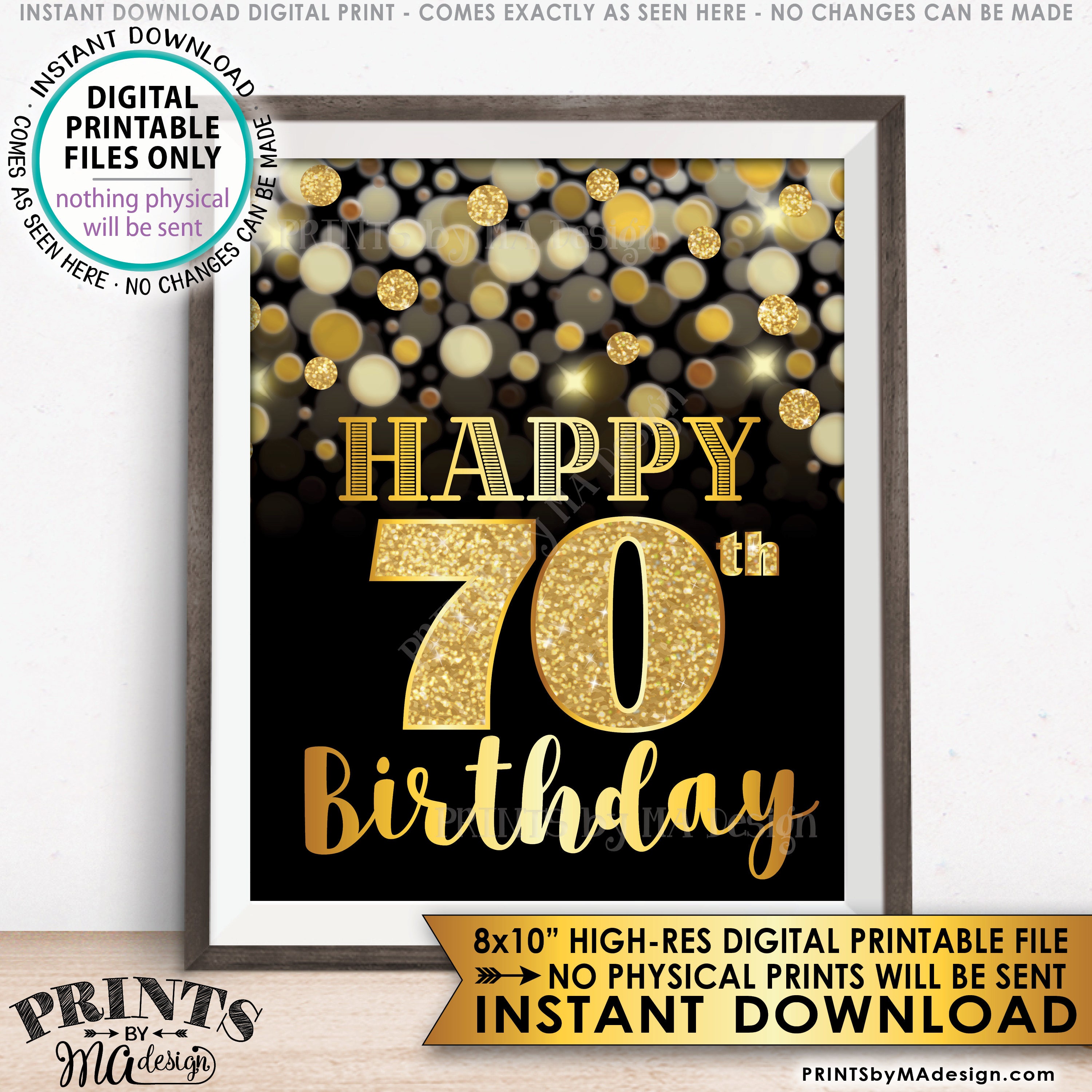 70th Birthday Sign Happy Birthday 70 Golden Birthday Card 70 Years Black And Gold Glitter 8x10 