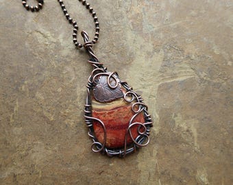 Red Jasper Pendant, Leaf Pendant, Jasper Necklace, Wire Wrapped Pendant, Gypsy Boho Necklace, Everyday Jewelry, Nature Gift for Her