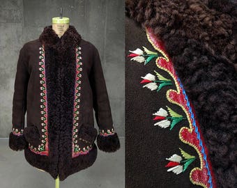 Afghan Sheepskin Shearling Coat • Embroidered Boho Fur Festival Coat • Vintage 1970s • Women's Medium