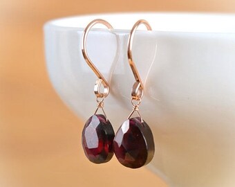 Rhodolite Garnet Earrings, Red January Birthstone Earrings, Dangle Drop Earrings Leverback Earrings: Rose Gold, Gold Filled, Sterling Silver