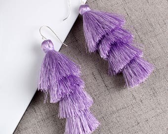 Four Layered Purple Tassel Earrings With Sterling Silver Ear Wires Dangle Earrings Long Statement Earrings