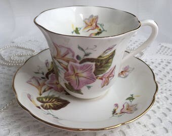 Grosvenor Fine Bone China Tea Cup and Saucer, Jackson & Gosling, Pink Floral with Gold Trim