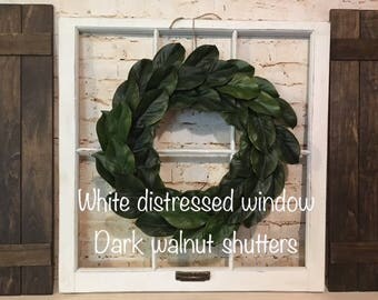 Old Window Frame, Shutters, magnolia wreath, Farmhouse decor, Fixer upper decor