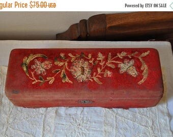 15 % SALE Antique Jewelry Box, Victorian French Red Silk Casket Lining, Victorian Sewing Box, Brown Leather Box, Metal Embellishments, Made