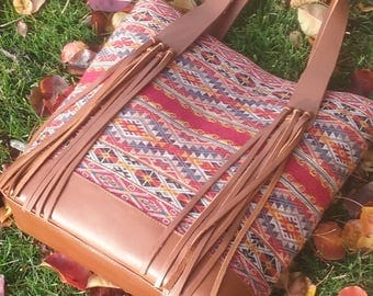 Handmade leather and handwoven tote bag