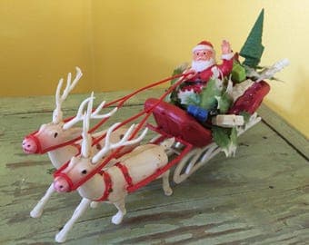 Plastic Santa Sleigh & Reindeer 11"