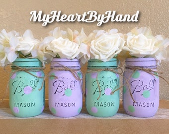 Green Mint and Lavener Baby Shower Centerpieces, Pint Size Painted Mason Jars, Distressed Flower Vases, Rustic Home Decor, Nursery Decor