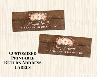 Custom Printable Return Address Labels Peach Pink Watercolor Flowers Vintage Rustic Wood Pattern Digital Wedding Baby Shower