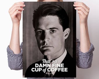 Poster Print: Agent Dale Cooper Twin Peaks portrait photo, Damn fine cup of coffee quote, Kyle MacLachlan, FBI, large A3 card