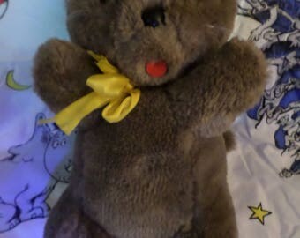 Pamida Stores plush Cat vintage Felt tongue yellow ribbon brown kitty 12" tail stocky round nose