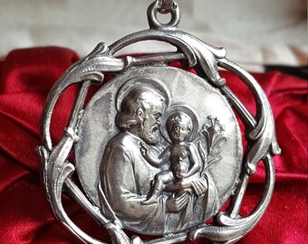 Vintage French Saint Joseph Medal Pendant Art Nouveau Religious Gift Catholic Gift Joseph and Jesus Hallmarked Silver