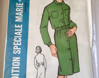 UNOPENED Fabulous 60's french vintage sewing pattern - "Patrons Marie Claire 3315" Collar dress with button pockets woman size 16 taille 44
