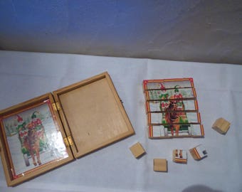 Ensemble complet de puzzle avec images en bois, ancien des années 1920, dans sa boîte d'origine - France
