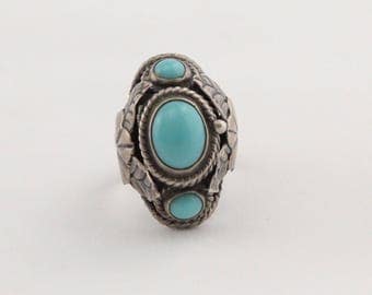 Vintage Mexico handmade ethnic sterling silver turquoise adjustable poison ring w/ hinged box signed SBR