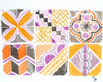 Aquarelle originale, carreaux orange, violets, anthracite, mosaïque, azulejo,
