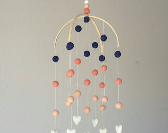 Baby Mobile : Coral Delight with navy, coral, peach, and ivory