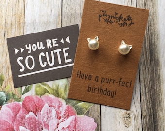 925 Sterling Silver Cute Pearl Cat Earrings - Have A Purr-fect Birthday - Can Be Personalised With Any Name
