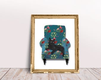 Black Cat on floral armchair Wall Art, Wall Art Printable, Digital Download Art, Wall Art Decor, Home Decor Wall Art, INSTANT DOWNLOAD