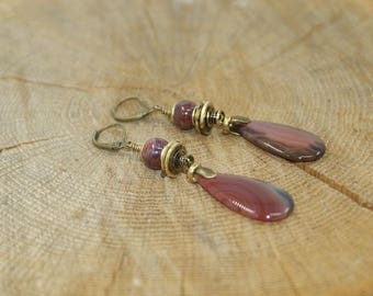 Stone earrings with Botswana agate, antique bronze brass