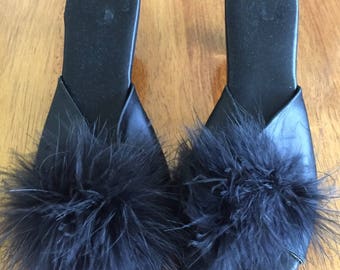 Black Satin with Maribou Boudoir Slippers. Size 9M