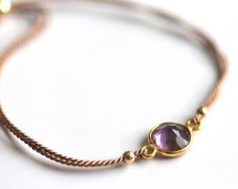 Dainty Amethyst Bracelet, Silk Cord, Purple Gemstone, Boho Chic, February Birthstone