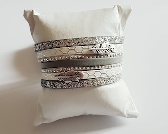 White and grey feathers leather Cuff Bracelet