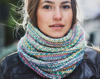 Striped knitted cowl Blue cowl Pink infinity scarf Yellow neck warmer Christmas gift Green cowl Wool neck warmer Alpaca scarf Gift for her