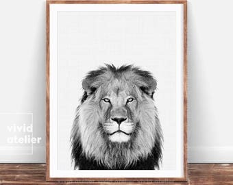 Lion Print, Safari Nursery Animal Print, Black and White, African Animal Printable, Lion Digital Print, Jungle Animal Wall Art, Baby Shower