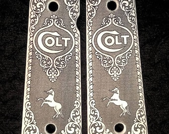 Colt 1911 custom ivory scrimshaw grips Scroll Rampant Horse Logo