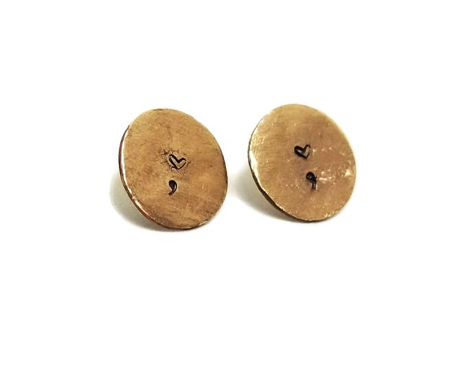 Copper Stud Earrings, Mixed Metal Hand Stamped Earrings, Suicide Prevention, Mental Illness Awareness, Depression Awareness