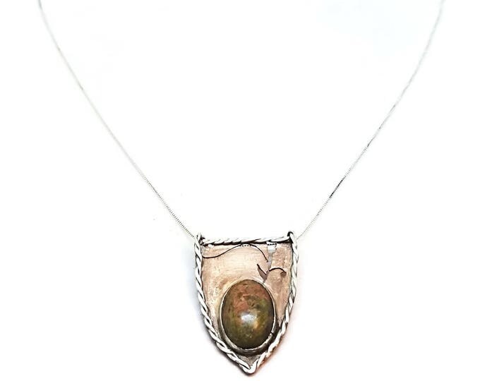 Mixed Metal Unakite Gemstone Necklace, Hand Sawn Copper and Sterling Silver Pendant, One of a Kind, Unique Birthday Gift