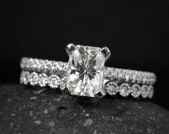 FLASH SALE Wedding Set - Radiant Cut Engagement Ring - Forever Brilliant Moissanite - Round Diamond Milgrain Band