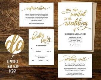 Golden Wedding Invitation Printable Suite, Customisable DIY Wedding Invite Set, Faux Gold Glitter Sparkles, Wishing well, Rsvp Details Card