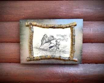 Rustic, primitive western decoupage art, 1925 Will James print, decoupaged to wood with hand cut aspen twig trim, rustic home decor, cowboy