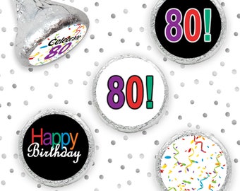 Multicolored Happy 80th Birthday Party Favor Sticker, Decorations for 80 Birthday, Hershey Kiss Candy Labels, Envelope Seals - 324 Count
