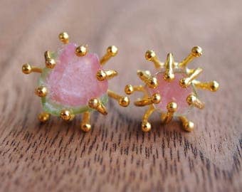 RESERVED for Thea |+|+|+| Mismatched Watermelon Tourmaline slice set on cluster, flower Bursts-like brass prongs