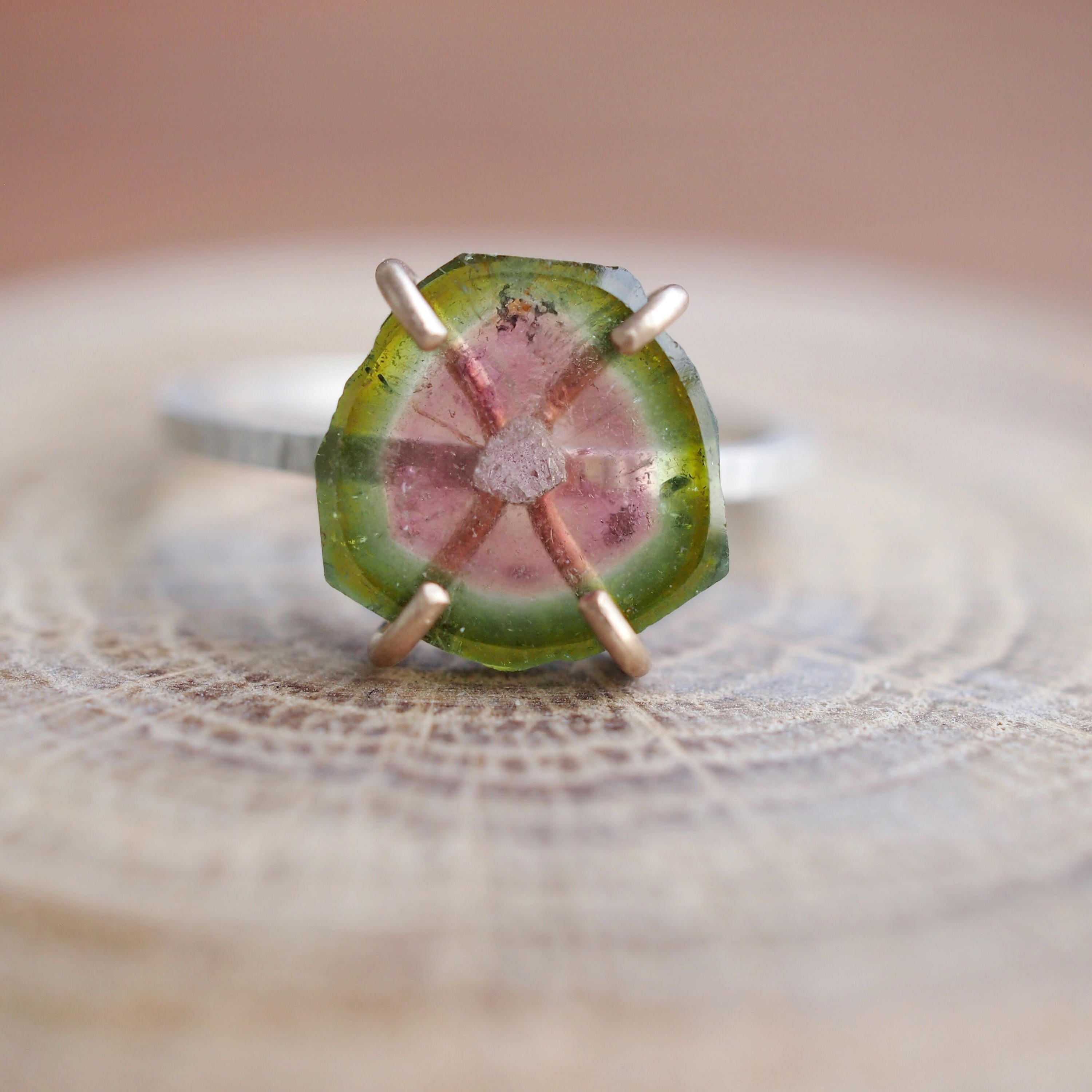 Watermelon Tourmaline Slice Ring on 14K Gold Filled Prongs and