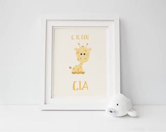 Giraffe Nursery Art | Giraffe Animal Print | Baby Giraffe | Custom Print | Baby Name | 8.5"x11"