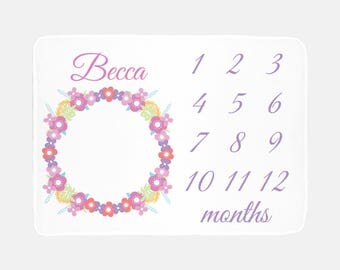 Floral Wreath Blanket - Baby Month Blanket - Milestone Blanket - Baby Name Blanket - Nursery Decor - Baby Photo Prop - Baby Shower Gift