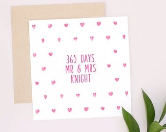 1st Anniversary Card, 365 days, Personalised Anniversary Card, Mr & Mrs Card, 1st Anniversary Gift, 1 Year Anniversary, Pink, Keepsake